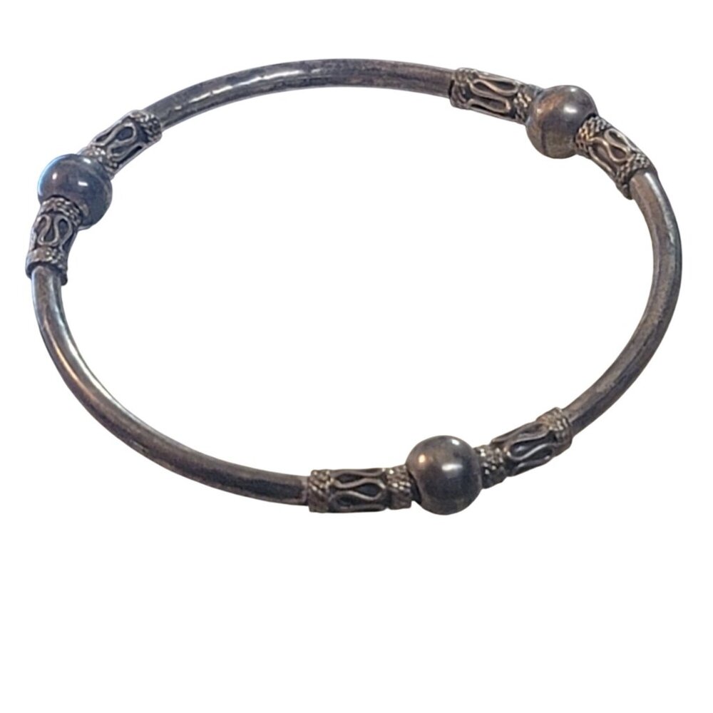 Vintage Balinese Sterling Silver Metal Bali Bangle Bracelet Filigree Bead